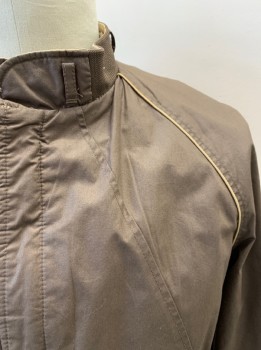 Mens, Jacket, MEMBERS ONLY, Khaki Brown, Poly/Cotton, Solid, C: 42, Band Collar, C.A., Collar Strap W/Snap Closures, Zip Front, 2 Pockts, L/S, Raglan Sleeves,Knit Collar/Waistband, REVERSIBLE - Brown W/Khaki Pipping/Side 2, *Glue Stains On Brown Side On Right Arm