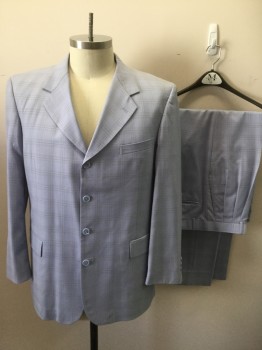 Mens, Suit, Jacket, BENDEZZ, Ice Blue, Tan Brown, Lt Gray, Wool, Plaid-  Windowpane, 44R, Single Breasted, 4 Buttons, Notched Lapel,