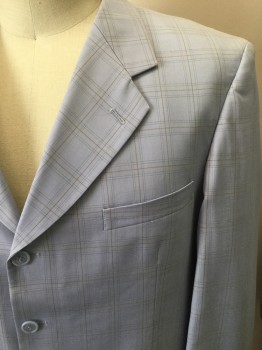 Mens, Suit, Jacket, BENDEZZ, Ice Blue, Tan Brown, Lt Gray, Wool, Plaid-  Windowpane, 44R, Single Breasted, 4 Buttons, Notched Lapel,