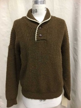 CALDWELL, Brown, Wool, Heathered, Knit, Ribbed Collar Attached W/cream Trim, 2 Wooden Button Front, Pull-over, Self Zigzag Knit Pattern On Upper Arms,