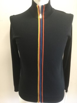 Mens, Cardigan Sweater, PAUL SMITH, Black, Red, Yellow, Blue, Wool, Solid, Stripes - Vertical , Small, Zip Front, Stripes Along Zipper, Stand Collar,