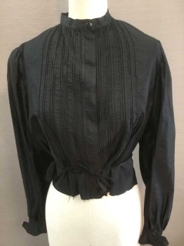 N/L, Black, Silk, Solid, Long Sleeves, Hook & Eye Closures At Center Front, with 1 Button At Neck, Band Collar,  Tiny Pintucks At Center Front, Center Back, and Outseam Of Sleeves, Gathered Puffy Sleeves, Rectangular Panel At Center Back Waist with Gathered Detail, Self Ties Attached,  *Mended In Several Spots,
