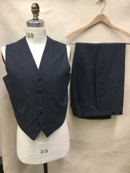 NO LABEL, Navy Blue, White, Wool, Heathered, Stripes, Button Front, 4 Pockets, Navy Lining, Good Condition,
