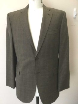 Mens, Suit, Jacket, BURBERRY, Brown, Lt Brown, Blue, Wool, Plaid-  Windowpane, Check , 42R, Light Brown/Brown Micro Check/Specks, with Faint Blue Windowpane Thin Stripes, Single Breasted, Notched Lapel, 2 Buttons,  3 Pockets