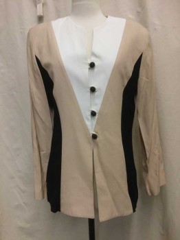 DF SUMMERS, Beige, White, Black, Synthetic, Color Blocking, Chevron Panels, L/S, Button Front, Round Neck With Notch, Shoulder Pads