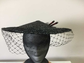 Womens, Hat, MTO, Black, Straw, Horsehair, Flat, Slightly Conical Hat with Horsehair Mesh Panels Around Brim, Synthetic Hanging Mesh, Horsehair Bow with Wooden Chopsticks Detail with Red Paint