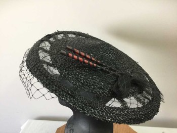 Womens, Hat, MTO, Black, Straw, Horsehair, Flat, Slightly Conical Hat with Horsehair Mesh Panels Around Brim, Synthetic Hanging Mesh, Horsehair Bow with Wooden Chopsticks Detail with Red Paint