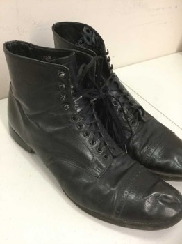 Mens, Boots 1890s-1910s, Stacy Adams, Black, Leather, Solid, 10.5, Aged/Distressed, Lace Up Ankle Boot, Cap Toe