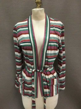 N/L, Forest Green, Cream, Fuchsia Pink, Red, Acrylic, Stripes - Horizontal , Long Sleeves, V-neck, Open Center Front W/No Closures, 2 Hip Pockets, **W/Matching Sash Belt, Cardigan