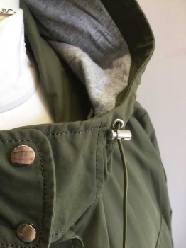 LANE BRYANT, Olive Green, Cotton, Nylon, Solid, Zip and Snap Front, Hooded, 4 Pockets, Heathered Gray Lining at Hood/Shoulders, Below Hip Length