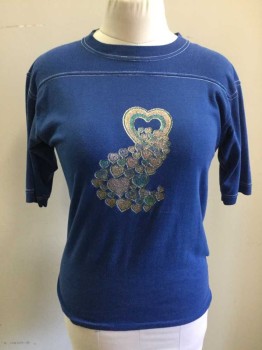 Womens, T-Shirt, N/L, Blue, Pink, Gold, Turquoise Blue, Cotton, Polyester, Solid, Hearts, M, Solid Blue Short Sleeves, Ribbed Knit Crew Neck, Yoke, White Stitching, Heart Glitter Graphic