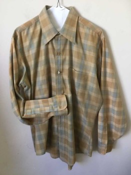 BROOKS BROTHERS, Tan Brown, Gray, Rust Orange, Poly/Cotton, Plaid, Long Sleeves, Collar Attached, Button Front, 1 Pocket,