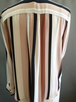 Womens, Blouse, ANN TAYLOR, White, Blush Pink, Navy Blue, Brown, Polyester, Stripes, L, Button Front, Long Sleeves, Band Collar, Pleated at Shoulders, Pleated at Back Yoke
