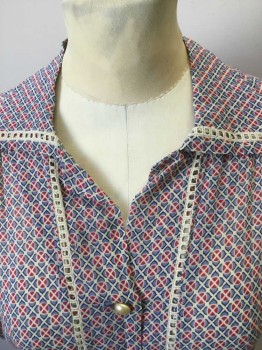 MTO, Lt Blue, Red, Navy Blue, Cream, Cotton, Rayon, Geometric, Geometric Cotton Blend Batiste with Creme Lace Inlay Trim. Open Collar. Pearl Button Front Opening with Matching Self Waist Sash