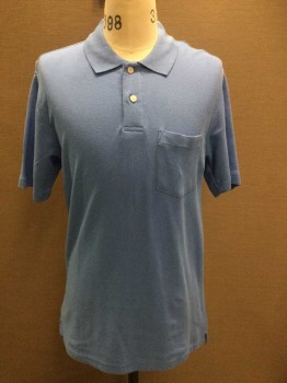 JOHN ASHFORD, Baby Blue, Cotton, Solid, Baby Blue, Collar Attached, 2 Button Front, 1 Pocket, Side Split Hem, Short Sleeves,