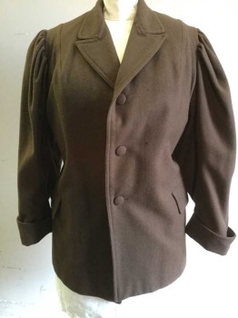 MTO, Brown, Wool, Solid, Button Front, Collar Attached, Peaked Lapel, 2 Pockets, Puffy Gathered Sleeve, Turned Back Cuff, Patched Holes, Double Vent Back,