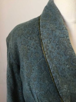 Womens, Robe, MTO, Olive Green, Teal Blue, Wool, Silk, Paisley/Swirls, S, Muted Paisley Wool with Mossy Green Velvet Piping, Shawl Lapel, Cuffs, 2 Slit Pocket, Belt Loops, Matching Belt