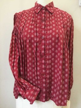N/L, Cranberry Red, White, Cotton, Floral, Button Front, Collar Attached, Long Sleeves with Button Cuffs, Knife Pleats Stitched Down From Shoulder to Bust in Front, Shoulder to Hem in Back,
