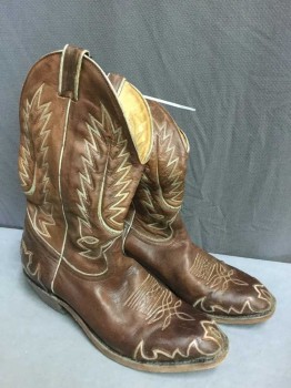 Mens, Cowboy Boots , N/L, Brown, Tan Brown, Leather, 11, Brown with Tan Accents, 1.5" Heel