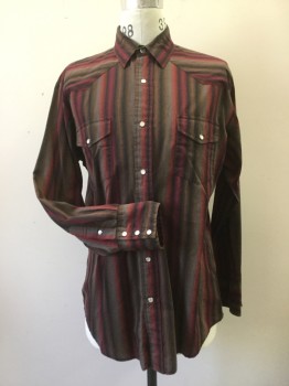 Mens, Western, ROPER, Red, Black, Gray, Brown, Cotton, Stripes, 16.5, L, 32, Long Sleeves, Collar Attached, Snap Front Close. 2 Snap Close Pockets. Yoke at Front and Back
