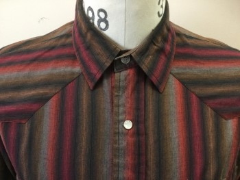 Mens, Western, ROPER, Red, Black, Gray, Brown, Cotton, Stripes, 16.5, L, 32, Long Sleeves, Collar Attached, Snap Front Close. 2 Snap Close Pockets. Yoke at Front and Back
