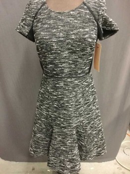 Womens, Dress, Short Sleeve, JCREW, Black, Gray, White, Cotton, Polyester, Tweed, 0, Cap Sleeve, Round Neck,  Flared Hem, Back Zipper, See Photo Attached,