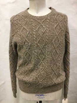 Mens, Pullover Sweater, BROOKS BROTHERS, Tan Brown, Wool, Speckled, L, Cable Knit, Ribbed Knit Crew Neck/Waist/Cuff