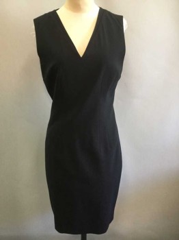 Womens, Dress, Sleeveless, ELIE TAHARI, Black, Wool, Spandex, Solid, 6, Sleeveless, V-neck, Sheath, with 2 Darts on Either Side of Waist, Hem Below Knee, Invisible Zipper at Center Back