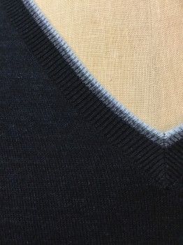 Mens, Pullover Sweater, BANANA REPUBLIC, Navy Blue, Baby Blue, Gray, Wool, Acrylic, Heathered, L, Heather Navy with Baby Blue & Gray Trim V-neck, Ls