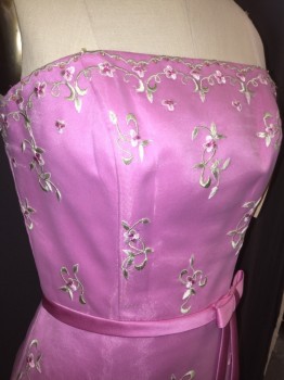 RAYLIA, Magenta Purple, Green, White, Polyester, Organza/Organdy, Floral, Magenta Purple, Sheer Light Organza with Green/white/magenta Floral Embroidery Detail. Green Scallopped Embroidery Trim with Bead & Sequin, Self Bow, Strapless, Zip Back