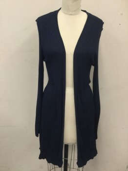 INC, Faded Navy, Polyester, Solid, Knee Length, Ribbed Knit Open Front, Long Sleeves, Side Slits