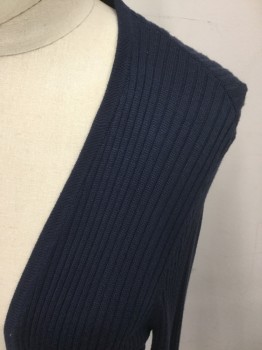 INC, Faded Navy, Polyester, Solid, Knee Length, Ribbed Knit Open Front, Long Sleeves, Side Slits