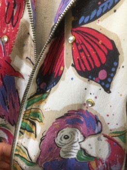 NADIA, Multi-color, Cotton, Novelty Pattern, White Background with Fuchsia/Green/Purple/Lilac/Mustard/Etc Parrots & Butterflies Pattern with Paint Splatter Detail, Twill, Silver Gemstones in Gold Settings Throughout, Zip Front, Collar Attached, Elastic Waist & Cuffs,