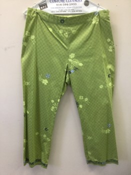 Womens, Pants, SIGRID OLSEN SPORT, Lime Green, Lt Blue, Navy Blue, Cotton, Spandex, Abstract , Floral, 10, Geometric Base Print with Scattered Floral And Embroidered Hem Trim, High Waist, Cropped/Capri Length, Invisible Zipper at Side,