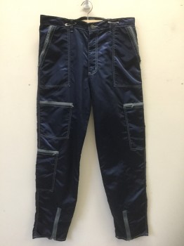 Mens, Pants, PANNO D'OR, Navy Blue, Gray, Nylon, Solid, Ins:34, W:34, Parachute Pants, Navy with Gray Accent Zippers and Top Stitching, 6 Pockets Including Cargo Pockets at Sides, Decorative Zippers at Cuffs, Tapered Leg, Zip Fly,