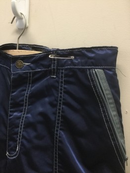 Mens, Pants, PANNO D'OR, Navy Blue, Gray, Nylon, Solid, Ins:34, W:34, Parachute Pants, Navy with Gray Accent Zippers and Top Stitching, 6 Pockets Including Cargo Pockets at Sides, Decorative Zippers at Cuffs, Tapered Leg, Zip Fly,