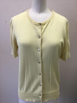 ANN TAYLOR, Yellow, Silk, Cotton, Solid, Muted Yellow Lightweight Knit, Short Sleeves, 8 Small Gold Buttons, Round Neck