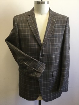 Mens, Sportcoat/Blazer, STACY ADAMS, Brown, Lt Brown, Blue, Polyester, Rayon, Plaid, 44L, Single Breasted, Collar Attached, Notched Lapel, 2 Buttons,  3 Pockets, Brown Suede Elbow Patches, Brown Suede Trim Pockets