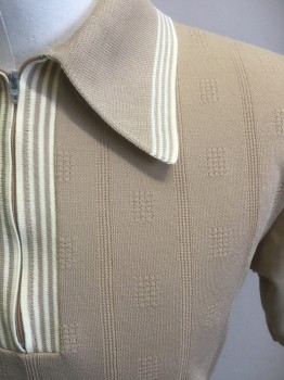 WEST COAST CASUAL, Beige, Cream, Synthetic, Solid, Stripes, 1/4 Zipper with Cream Stripes and on Collar, Short Sleeves, Textured Knit with Squares and Vertical Stripes.