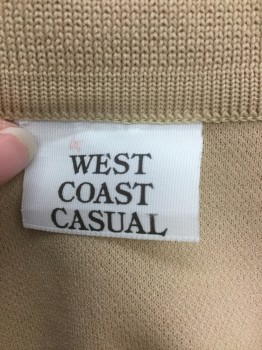 WEST COAST CASUAL, Beige, Cream, Synthetic, Solid, Stripes, 1/4 Zipper with Cream Stripes and on Collar, Short Sleeves, Textured Knit with Squares and Vertical Stripes.