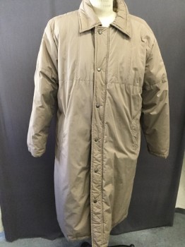 Mens, Coat, WILLIAM BARRY, Brown, Polyester, Cotton, Solid, L, Duck Down, Collar Attached, Zip and Snap Front, Quilted