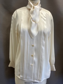 ESCADA, Cream, Silk, Solid, Crepe, Attached Tie Neck, Gold B.F., Pleated Front, Shoulder Pads, L/S, Cuffs