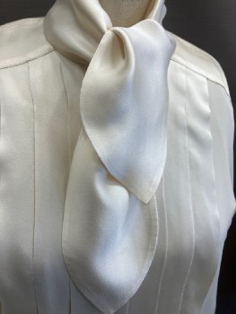 ESCADA, Cream, Silk, Solid, Crepe, Attached Tie Neck, Gold B.F., Pleated Front, Shoulder Pads, L/S, Cuffs