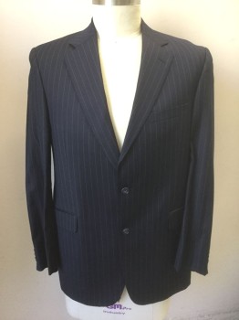 JACK VICTOR/SY DEVOR, Navy Blue, White, Wool, Stripes - Pin, Dark Navy with Dotted White Pinstripes, Single Breasted, Notched Lapel, 2 Buttons, 3 Pockets, Light Blue Self Stripe Lining