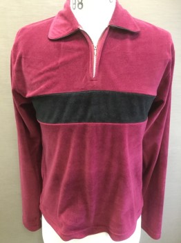 Mens, Polo Shirt, RICHARD EDWARDS, Maroon Red, Black, Polyester, Color Blocking, Large, Velour, Pullover, 1/4 Zipper, Black Piping Along Collar