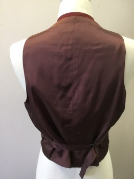 Mens, Vest, MTO, Maroon Red, Wool, Silk, Solid, 40, Button Front, 4 Pockets, Solid Dark Reddish Brown Silk Back, Faded Through Shoulders, Self Back Belt, Late 1970's -1980's