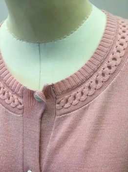 BROOKS BROTHERS, Rose Pink, Wool, Solid, Knit, Long Sleeves, Round Neck, Cream Buttons at Front, Cabled Texture Around Neckline and Cuffs