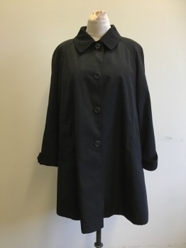 Womens, Coat, Trenchcoat, N/L, Black, Polyester, Solid, M, Button Front, Raglan Long Sleeves, Button Tab Cuffs, 2 Pockets, Collar Attached, Box Pleat Center Back
