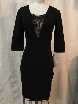 MASON, Black, Cotton, Synthetic, Solid, Black, Plunge Neck with Lace Inlay, Side Cut Outs with Lace Inlay, 3/4 Sleeves,