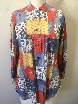 N/L, Multi-color, Denim Blue, Red, White, Lt Yellow, Cotton, Patchwork, Floral, Faux "Patchwork" Pattern with Faux Denim and Various Floral Squares, Long Sleeve Button Front, Peter Pan Collar, Rounded Bib Yoke,